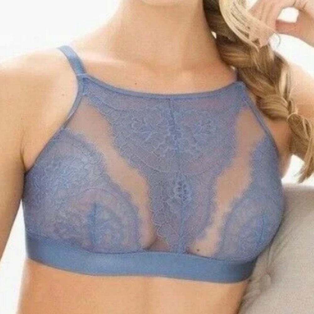 Soma Breathtaking High Neck Bralette XL New Women Sheer Lace Wire Free blue